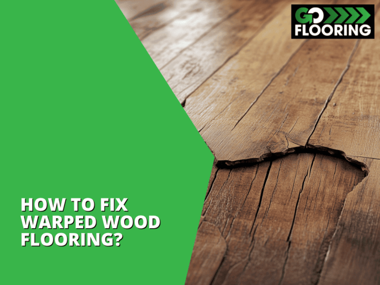 Close-up of severely warped wood flooring with visible cracks and lifted planks, featured in a graphic titled "How to Fix Warped Wood Flooring?" by GO Flooring.