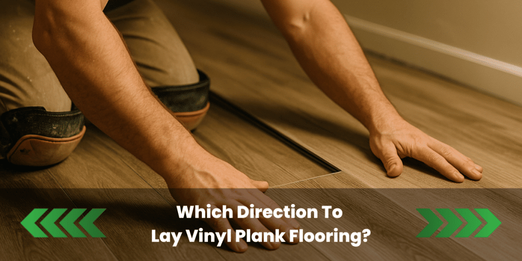 A tile installer kneels on a wooden floor, carefully fitting a vinyl plank into place. He wears a navy shirt, beige pants, knee pads, and a gray cap, with warm indoor lighting highlighting the detailed texture of the vinyl flooring and his focused expression.