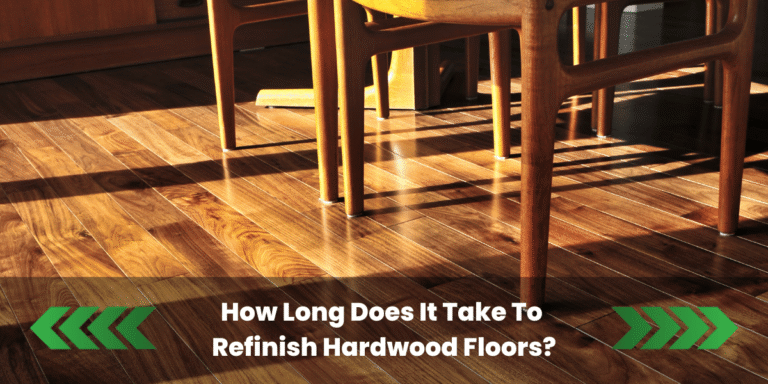 Sunlit hardwood floor with mid-century modern wooden chairs, featuring a banner text that reads 'How Long Does It Take To Refinish Hardwood Floors?' across the bottom.