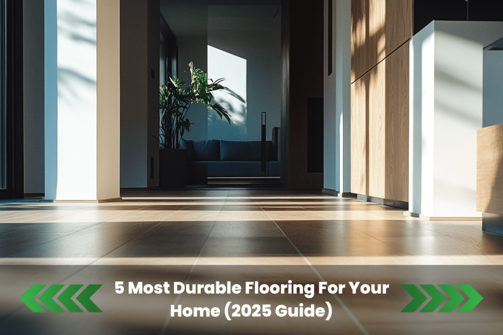 Modern hallway with sunlight streaming onto durable tiled flooring, wooden cabinets on the right, and indoor plants in the background. Text overlay reads “5 Most Durable Flooring For Your Home (2025 Guide)” with green arrow graphics.
