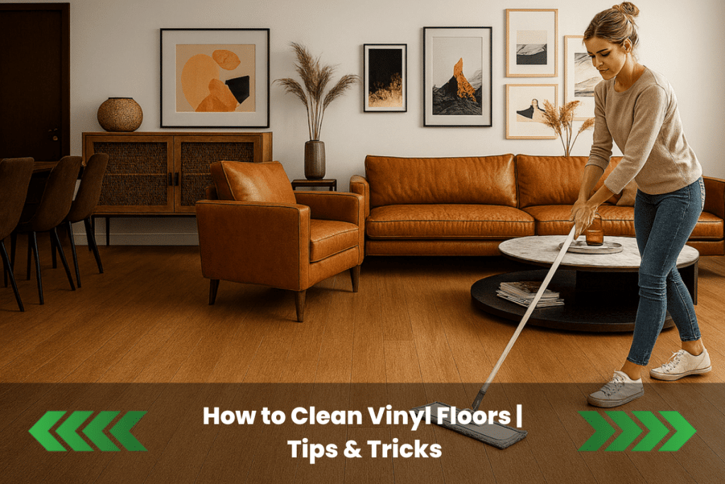 A modern, stylish living room with caramel leather seating, wooden floors, and contemporary wall art. A woman in a beige sweater and jeans is mopping the floor, adding a lived-in, practical touch to the elegant space.