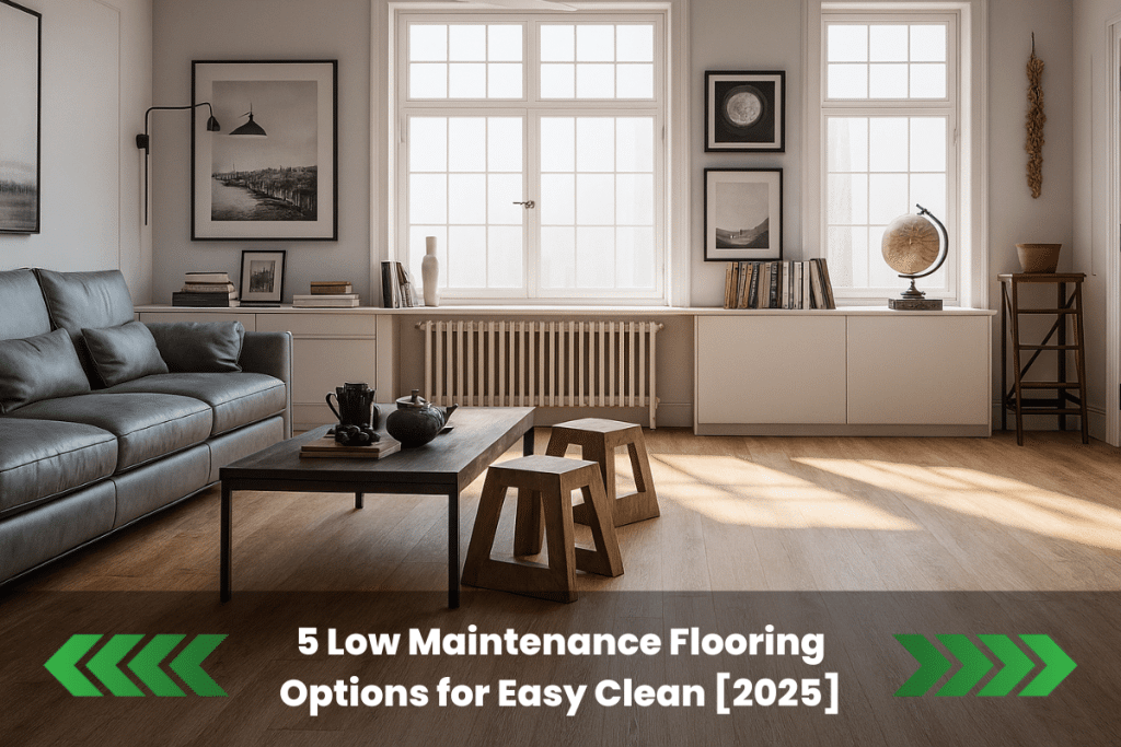 A high-end living room featuring a sleek grey leather sofa, minimalist coffee table, and natural wood flooring, with soft natural light streaming through large windows and modern neutral decor creating a seamless, premium look.