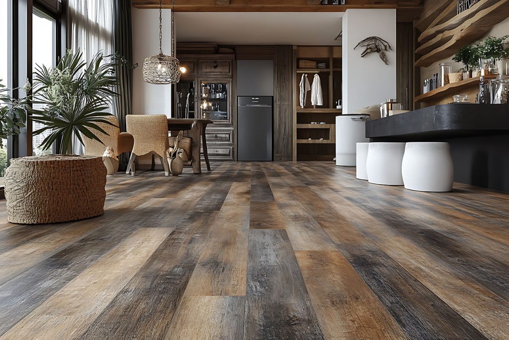 A living room leading into a kitchen with dark LVP floors.