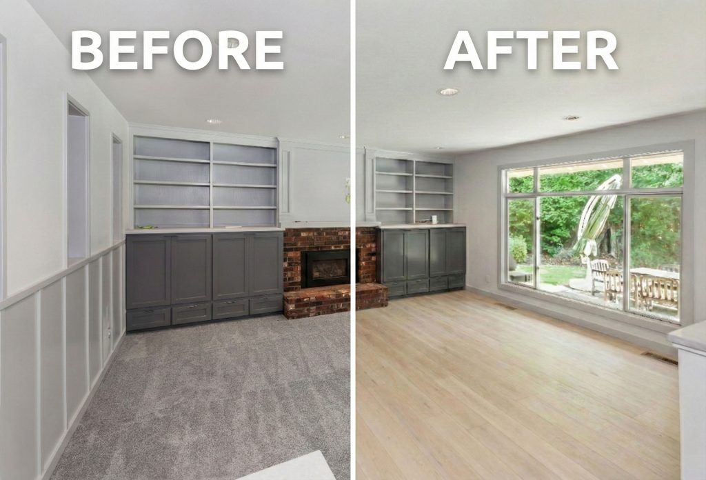 A before and after photo of a living room with carpet in the before, and bright LVP in the after.