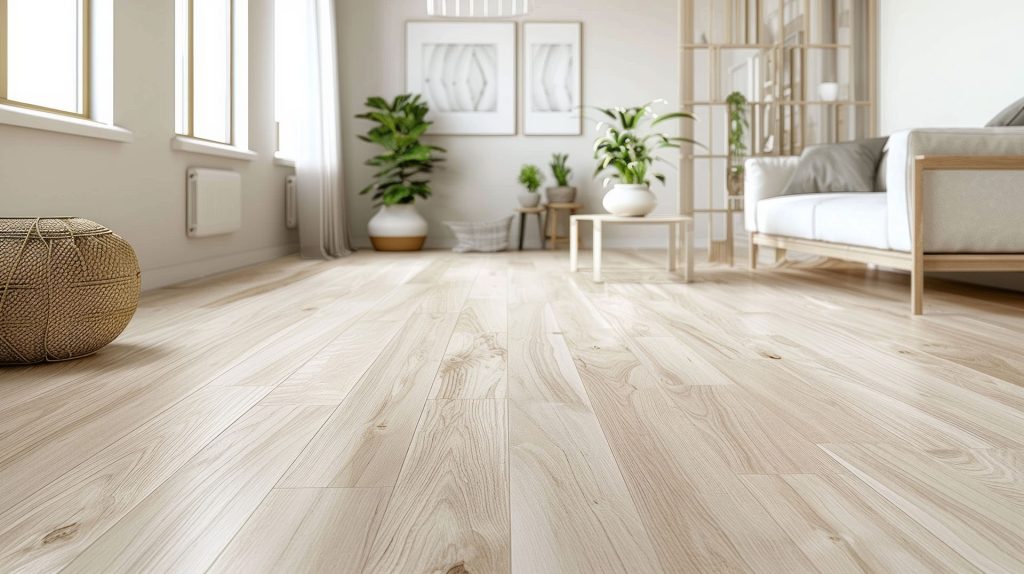 Light colored LVP floors in a modern living room with white walls and accents.